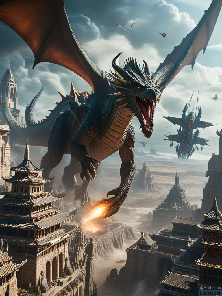 More images of an AI Image generation of post: A dragon attacking  + ancient city + spaceships