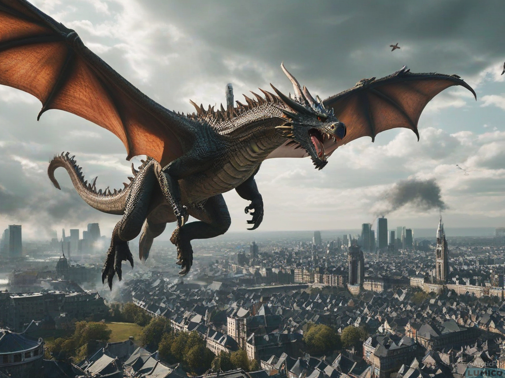 More images of an AI Image generation of post: A dragon attacking a city + landscape view