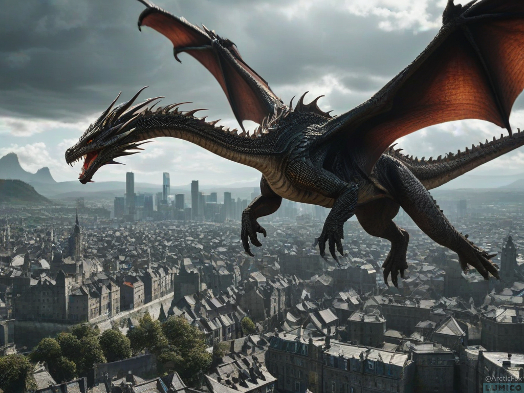 More images of an AI Image generation of post: A dragon attacking a city + landscape view