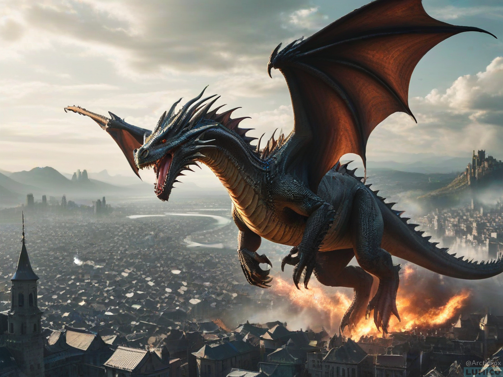 More images of an AI Image generation of post: A dragon attacking a city + landscape view