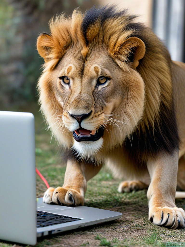 A lion using a laptop