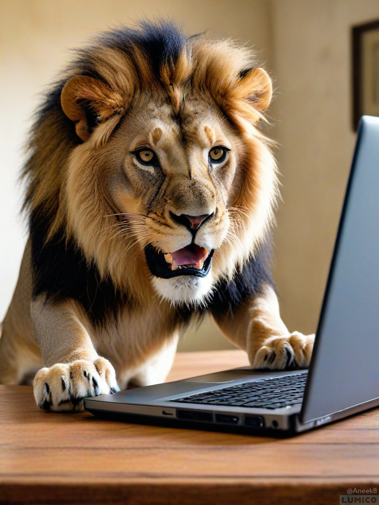 More images of an AI Image generation of post: A lion using a laptop